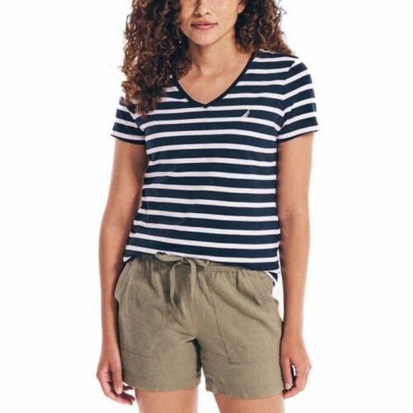 NWoT Nautica Women's Short Sleeve Navy Striped V-Neck T-Shirt Size S $45 Z941 - Picture 1 of 2